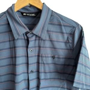 Men’s Travis Mathew Blue Striped Button Down Short Sleeve Polo Shirt Size Medium